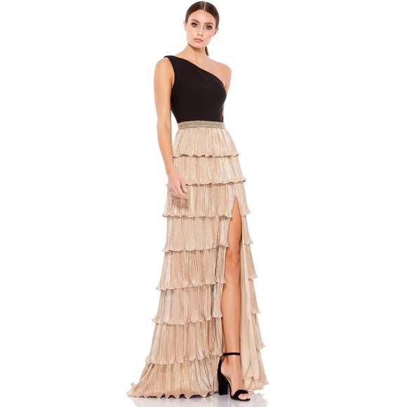 Mac Duggal Dresses & Skirts - Ieena by Mac Duggal One Shoulder Layered Metallic Ruffle Gown Size 8